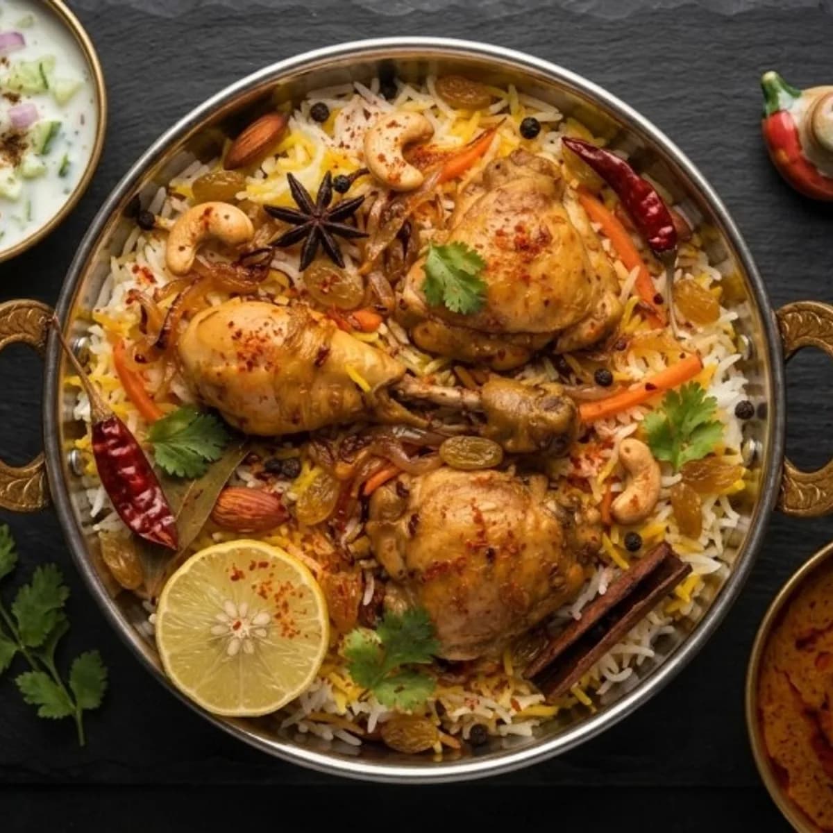Chicken dum biryani with raita and salan